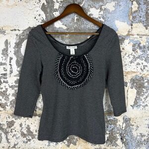 White House Black Market Striped Rosette Top Black White 3/4 Sleeve Small